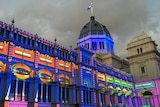 Light show on Royal Exhibition Building in Melbourne during White Night festival on February 18, 2017.