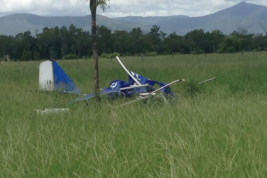 The wreckage of a blue ultralight plane which killed the pilot