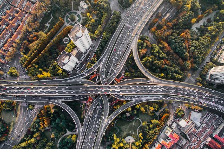 An aerial view of a freeway interchange in Shanghai, China.