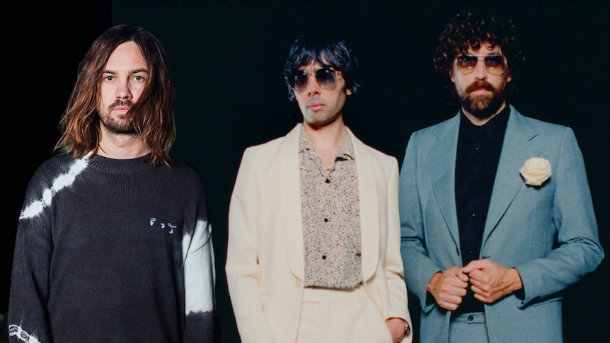 Tame Impala's Kevin Parker and Justice's Gaspard Augé and Xavier de Rosnay on black background