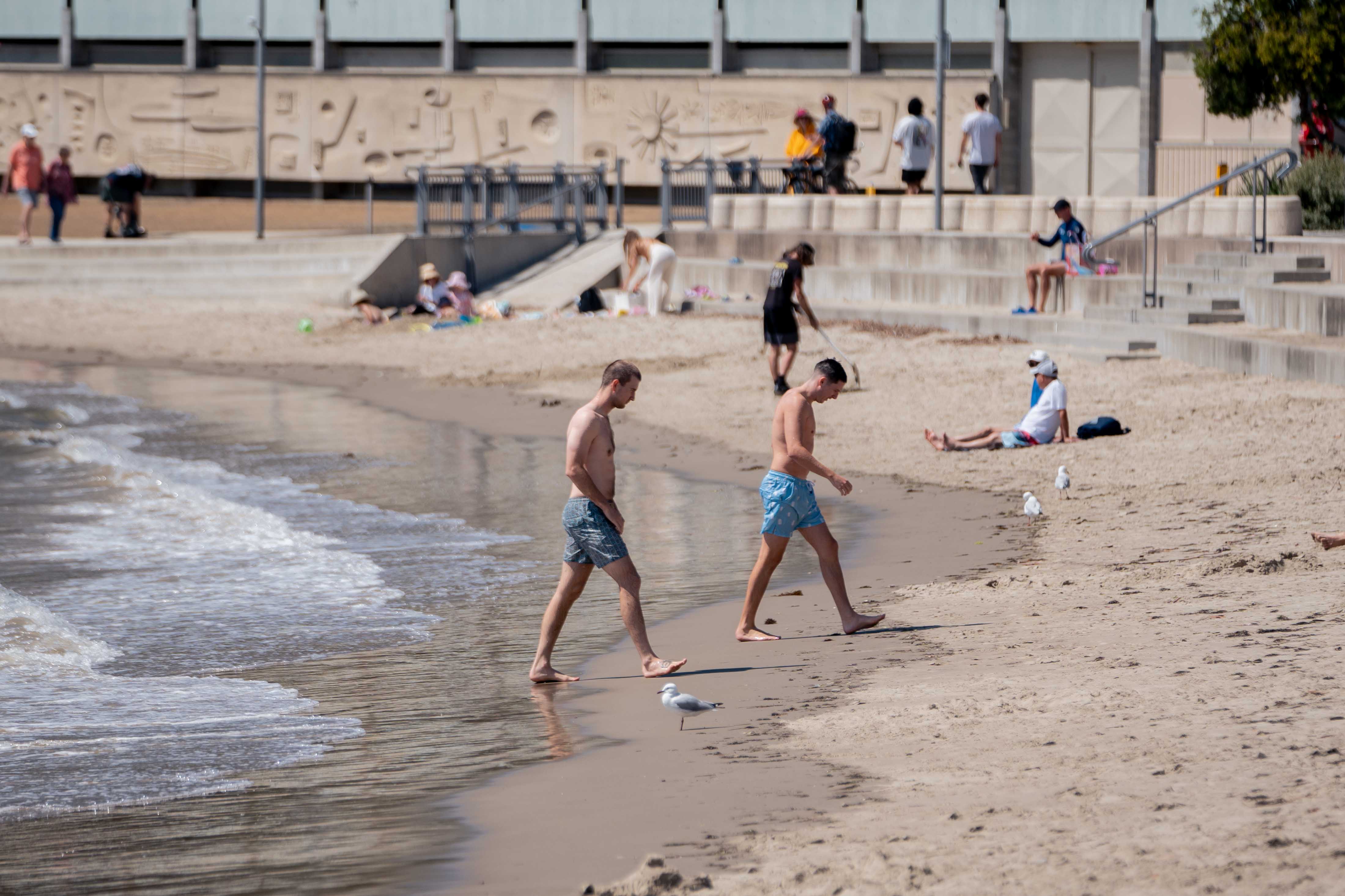 Two women stand waist deep in water at a beach.