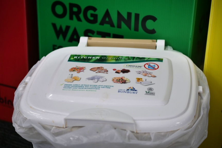 A small organics bin in front of a larger green Organics Waste sign