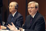 Australian Prime Minister Kevin Rudd, right, with Toyota President Katsuaki Watanabe