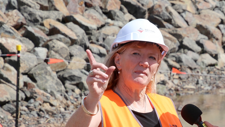 Woman in high-vis vest and hard-hat pointing.