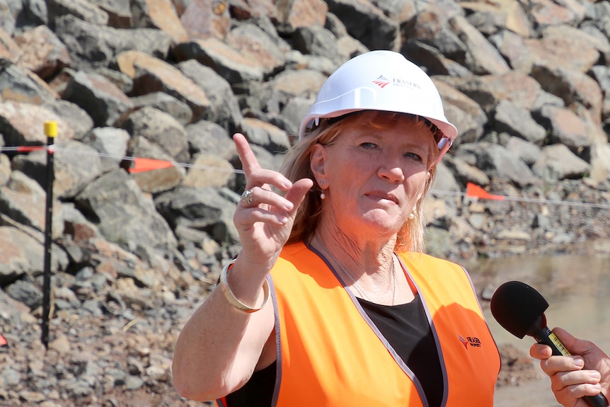 Woman in high-vis vest and hard-hat pointing.