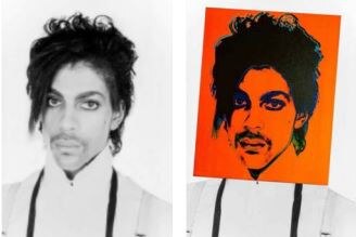 A photo of Prince, next to the same image, but with a portrait of the face superimposed