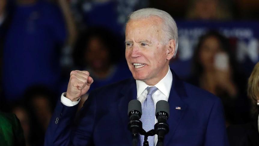 Democratic presidential candidate former Vice President Joe Biden speaks at a primary election night campaign rally