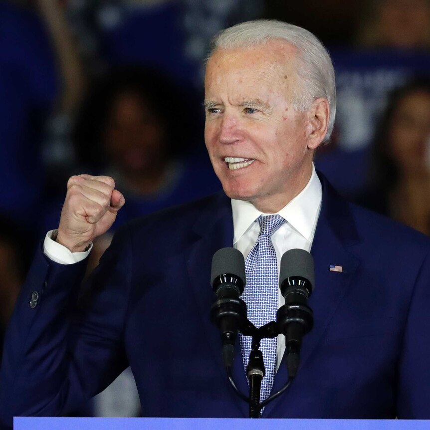 Democratic presidential candidate former Vice President Joe Biden speaks at a primary election night campaign rally
