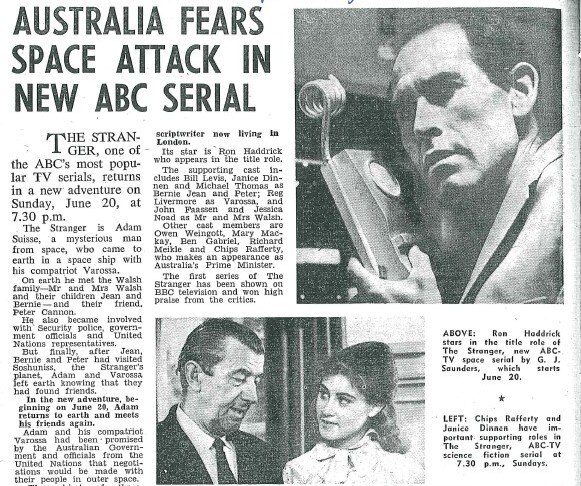 Newspaper article with headline 'Australia fears space attack in new ABC serial' and with photos of Ron Haddrick and Chips Raffe