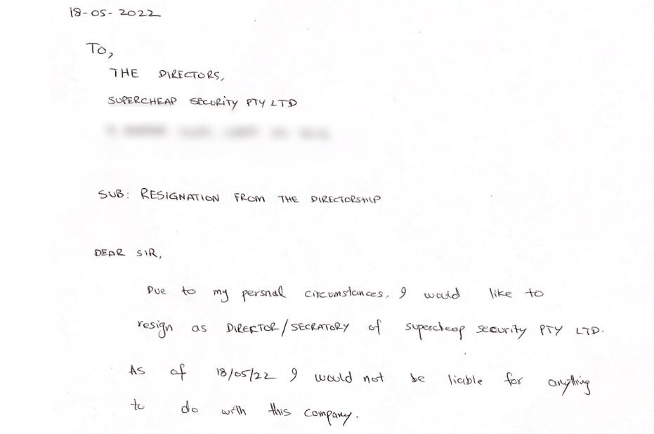 A hand-written note says 'due to my personal circumstances, I would like to resign as director/secretary of Supercheap Security'