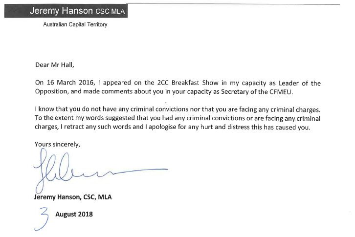 A letter addressed to Mr hall outlining Mr Hanson's apology.