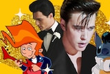 Against a glittery gold background, a composite of Elvises: L'il Elvis, Jacob Elordi, Austin Butler and Stitch.