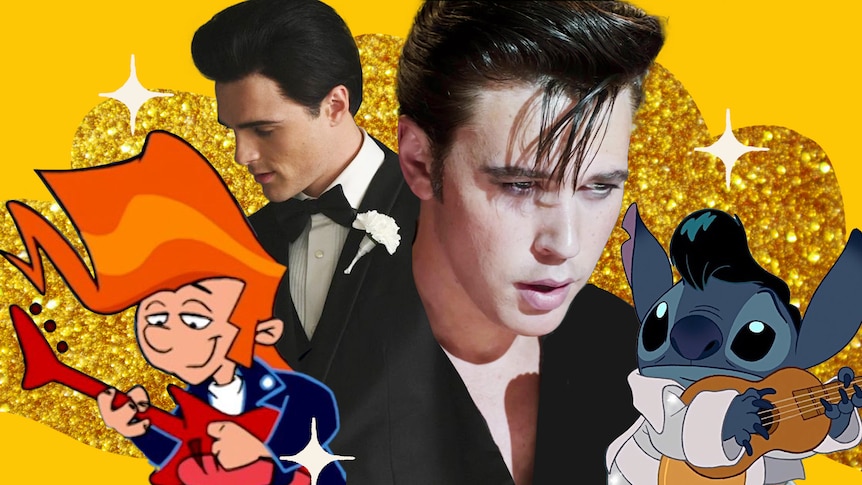 Against a glittery gold background, a composite of Elvises: L'il Elvis, Jacob Elordi, Austin Butler and Stitch.