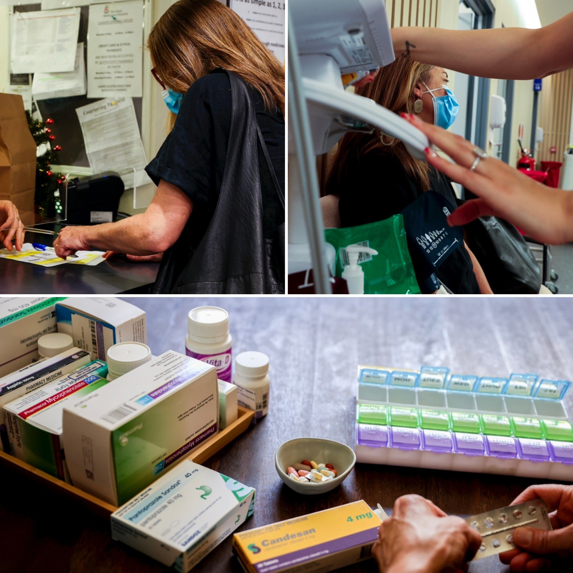 A composite showing a woman in a mask at hospital and putting pills into a pill box.