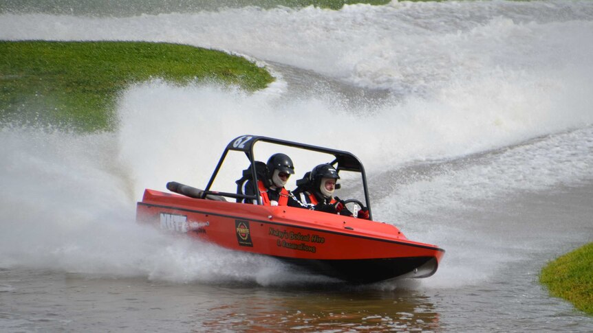 Jet boat makes a turn at Keith's jet boat racing course.