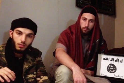 Screenshot of two men appearing in a video said to be pledging allegiance to Islamic State.