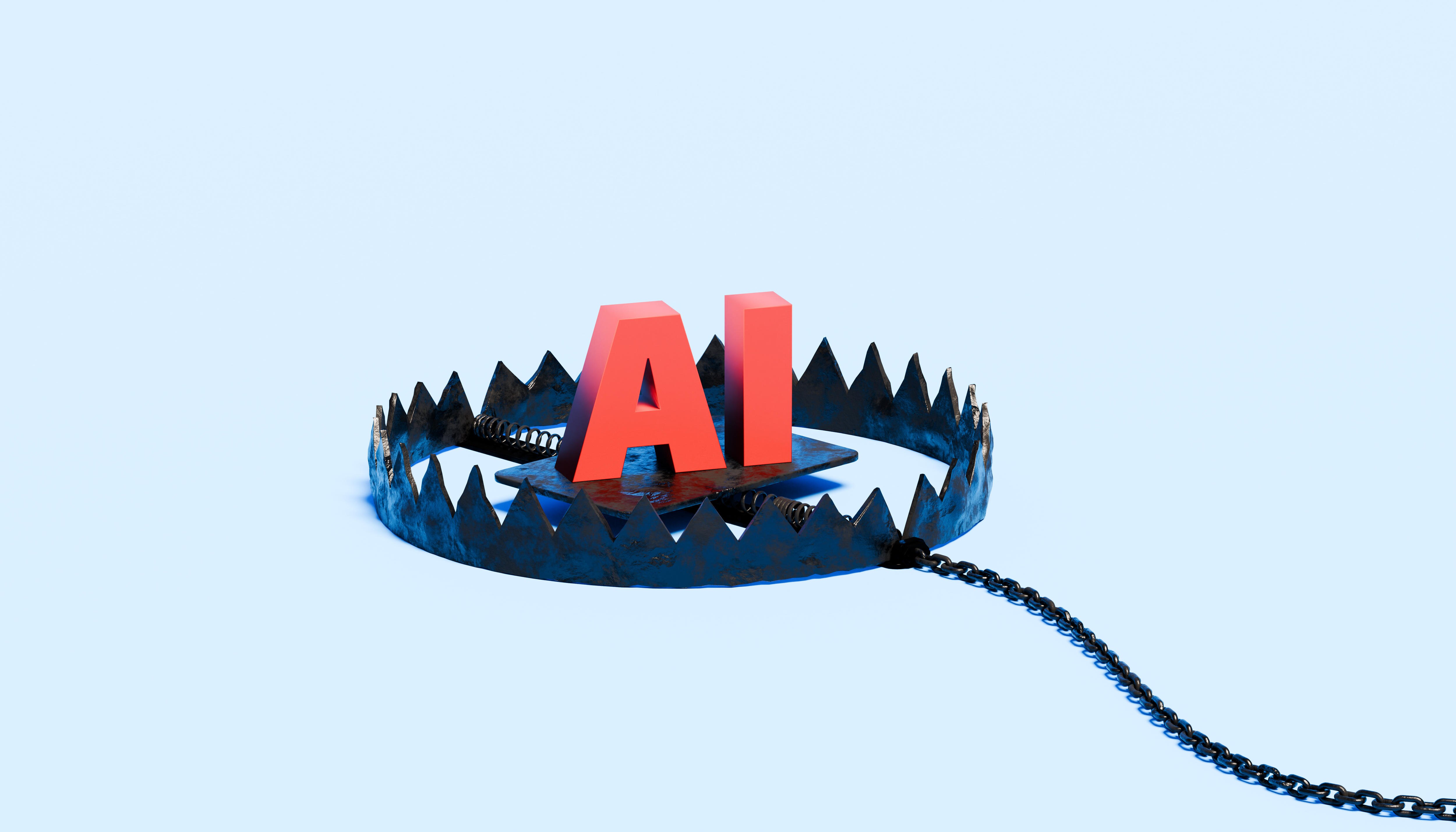 The letters "AI" enclosed within a bear trap, suggesting the risks and unforeseen consequences of AI development