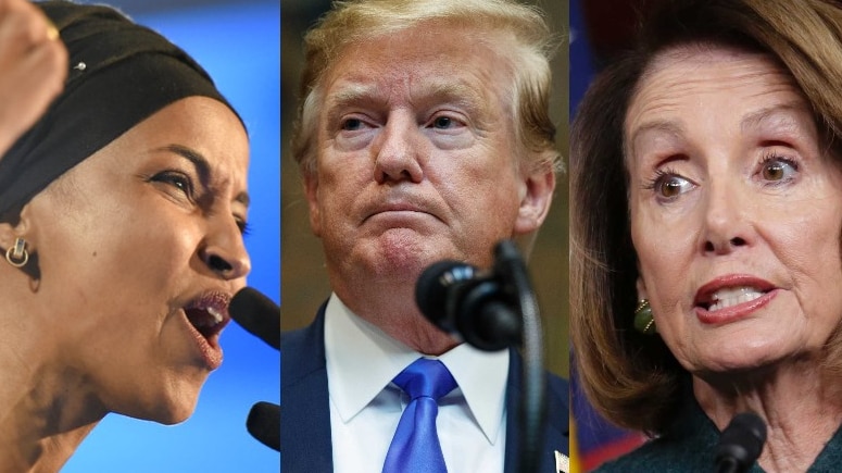 A triptych of profile photos of Omar, Trump and Pelosi