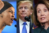 A triptych of profile photos of Omar, Trump and Pelosi