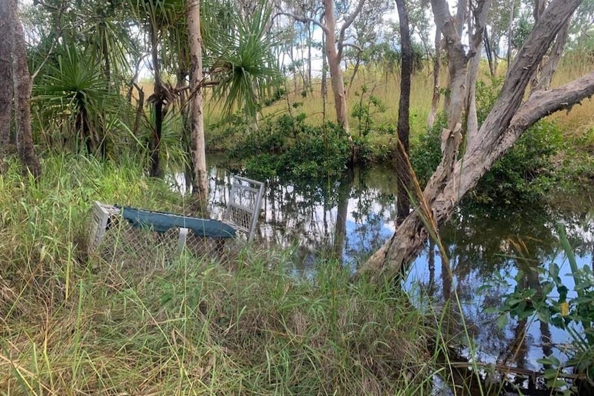 A crocodile trap at a creek on Jenkins Road.