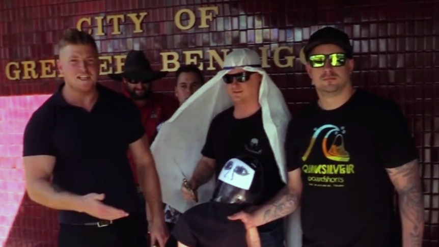 The United Patriots Front behead a dummy outside the City of Bendigo council offices.