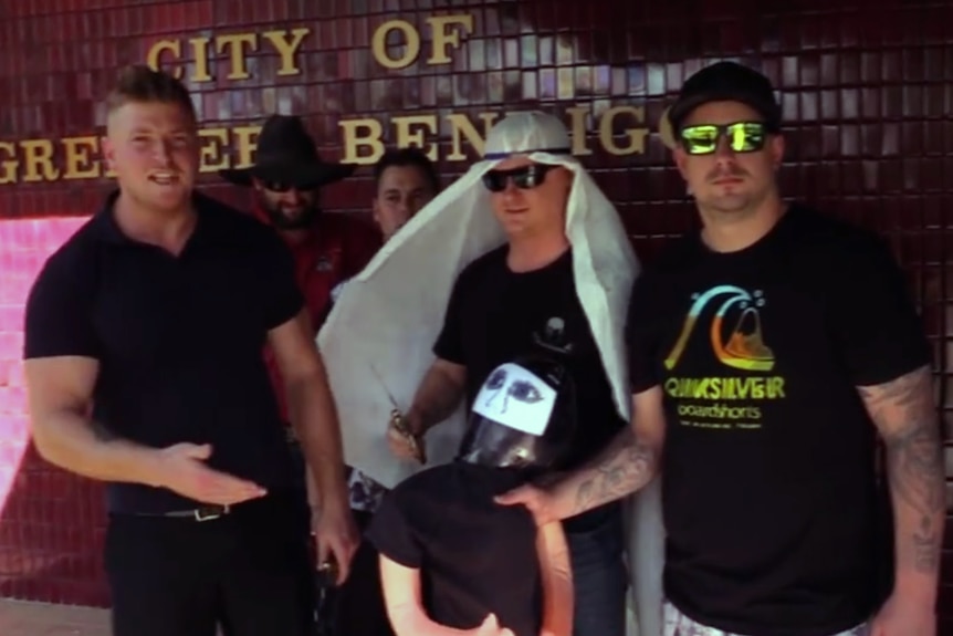 The United Patriots Front behead a dummy outside the City of Bendigo council offices.