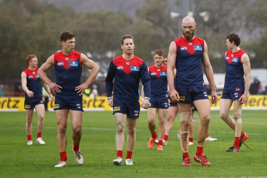 A group of dejected-looking Melbourne AFL players walk with hands on hips after losing a game.