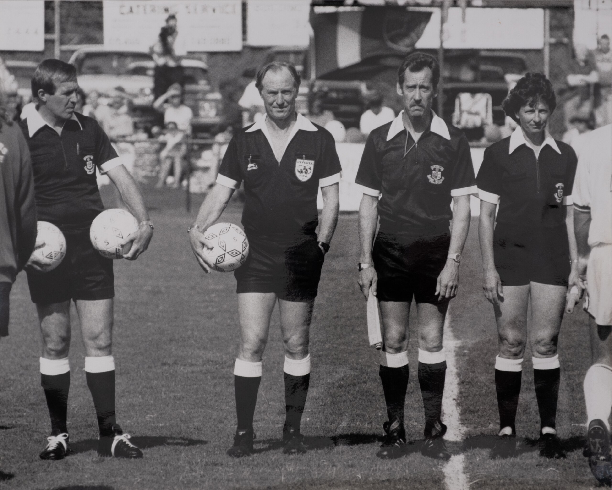Black and white photo of Marilyn Learmont and other referees 