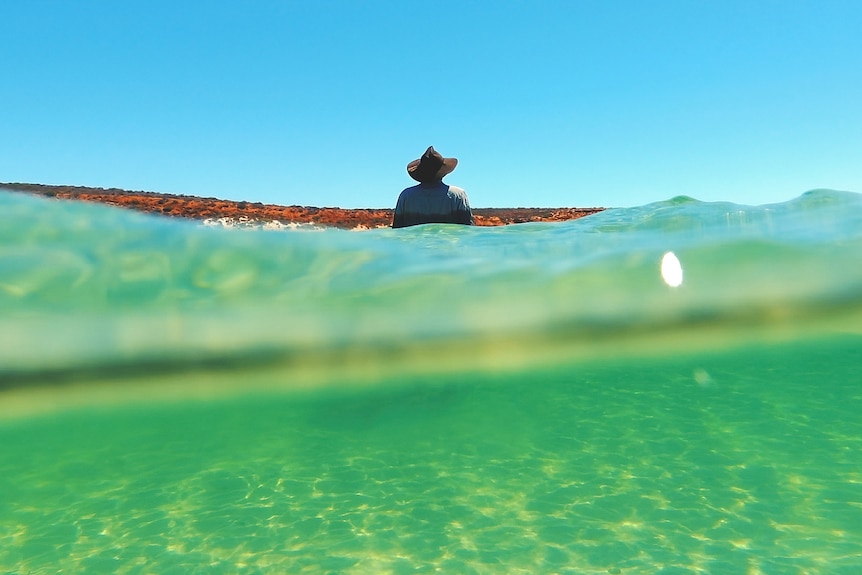 A in the water shot of a man wearing a large hat in the distance. 