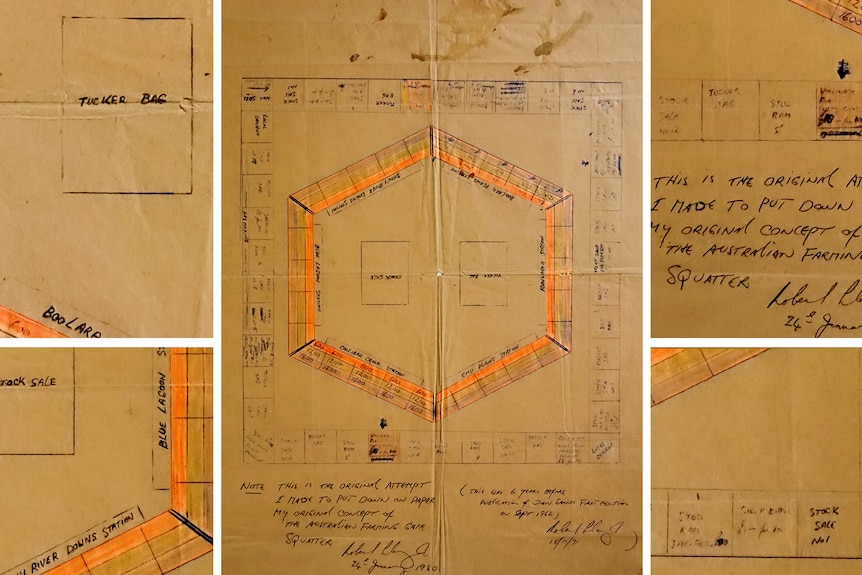 A hand drawn board game design on stained browning paper. 