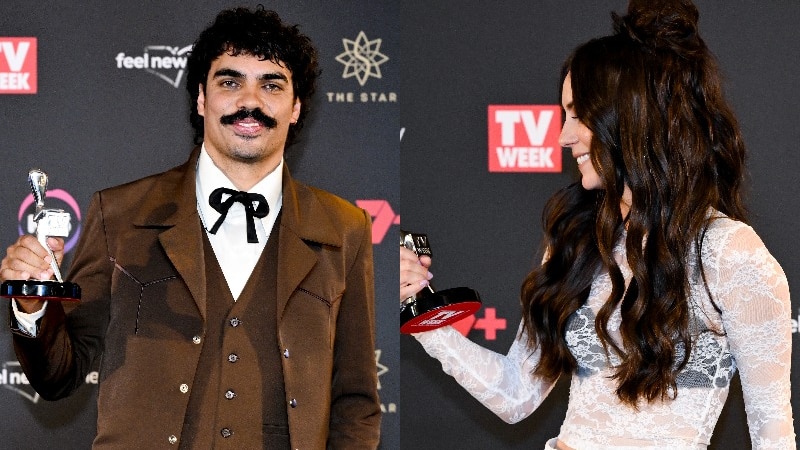 A composite image of a woman and a man holding awards in their hands