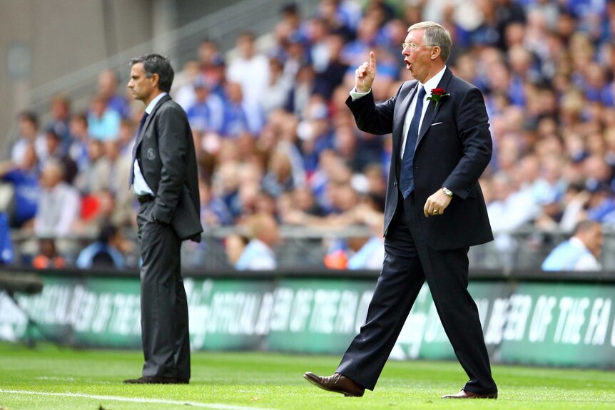 Alex Ferguson alongside Jose Mourinho