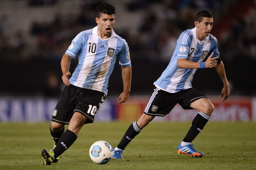 Argentina's Sergio Aguero and Angel Di Maria