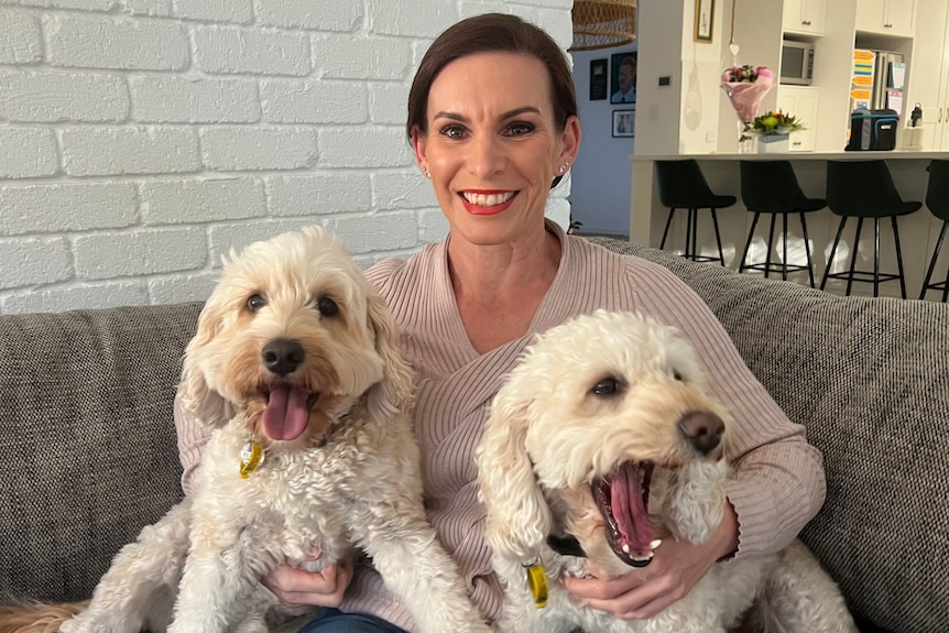 A woman in a knitted jumper sits on a couch with two dogs the breed are mini labradoodle