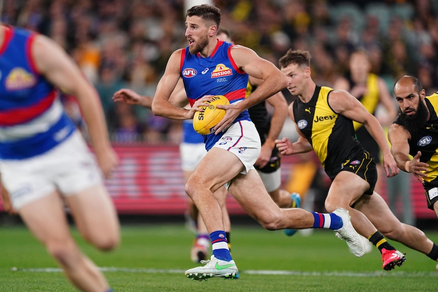 A Western Bulldogs AFL player runs with the ball in two hands against the Tigers.