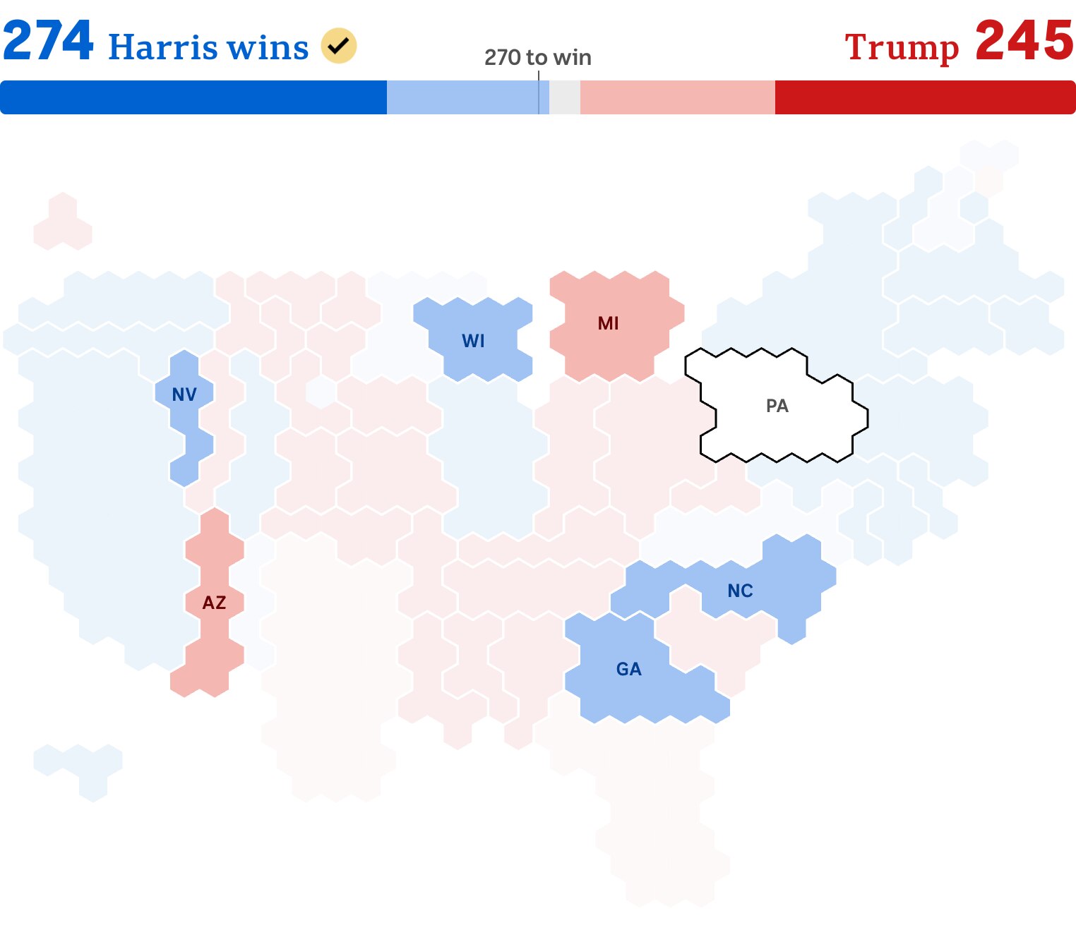 On a map of the United States, four states are highlighted in blue, two in red, and one in white.