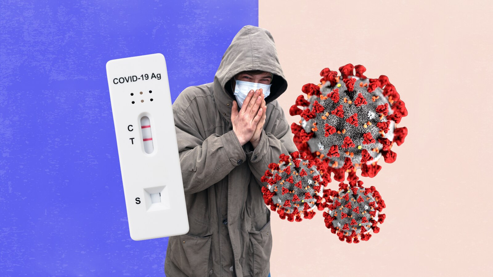 A graphic showing a man coughing, a rapid antigen COVID test and three spike proteins