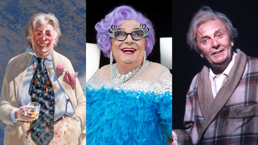 A composite image of Barry Humphries as different characters