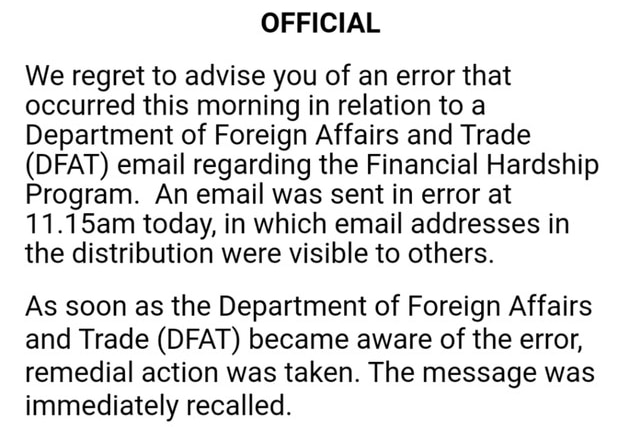 An email from DFAT says it regrets to inform recipients of an error in relation to a previous email.