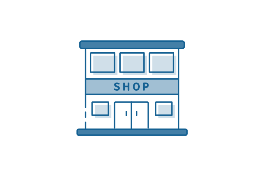 Icon drawing of shopfront with double doors and windows.