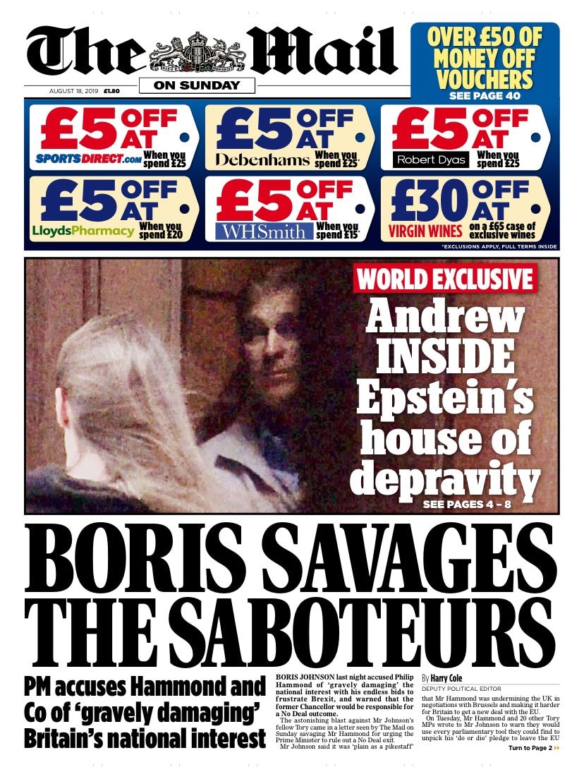 A newspaper home page of the Mail on Sunday featuring an image of Prince Andrew.