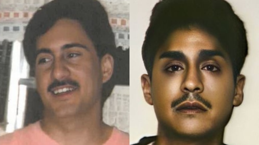 A man in a pink shirt with a moustache smiles on left; on right a licence photo of a hispanic man. 