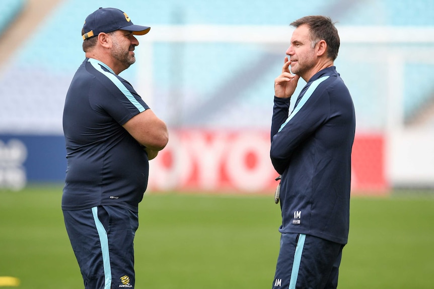 Head coach Ange Postecoglou and assistant Ante Milicic at Socceroos training in 2017