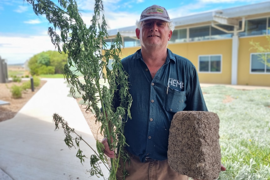A man stands with a green plant in one hand, and a brick made from hemp in another.