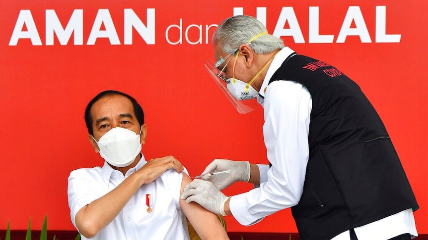 Indonesian Presidential Palace, President Joko Widodo, left, receives a shot of COVID-19 vaccine.