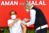 Indonesian Presidential Palace, President Joko Widodo, left, receives a shot of COVID-19 vaccine.