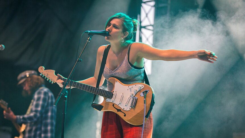 Middle Kids singer Hannah Joy performing live at triple j's One Night Stand in St Helens, TAS 2018