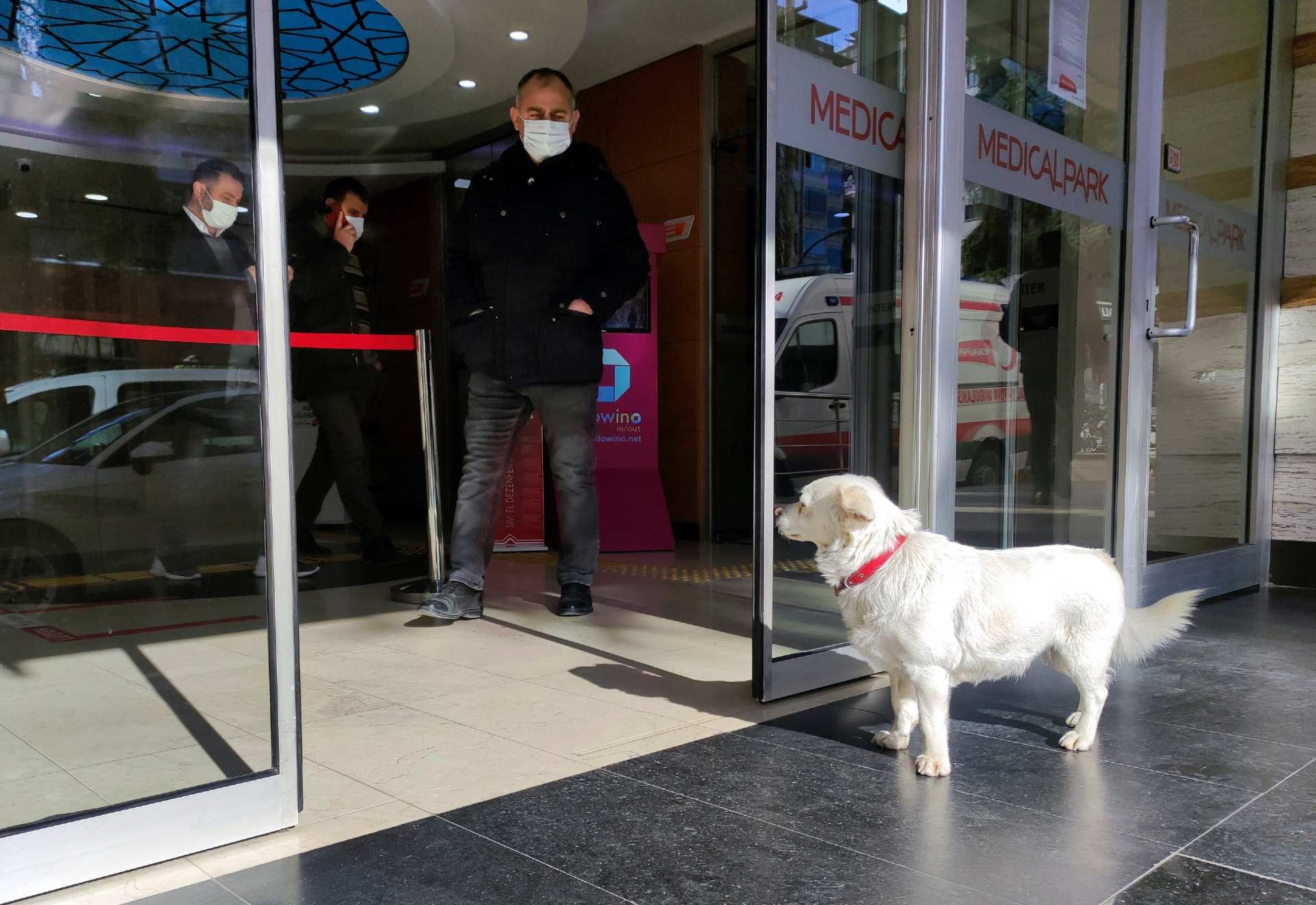 Boncuk looks through the sliding doors of a hospital as men in masks watch on from inside
