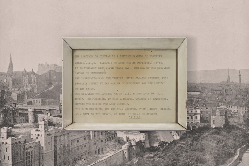 A photo of an old note, superimposed onto a photo of 1800s Edinburgh.
