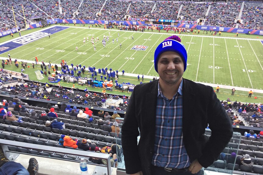 Chris Micallef at an NFL game in the United States.